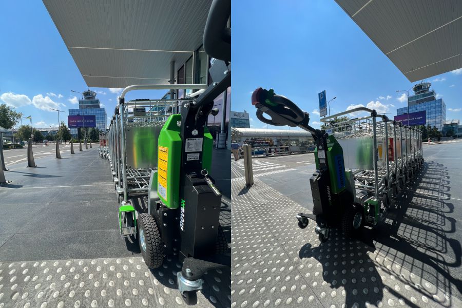 elektrický tahač movexx tt1000-t-cp, manipulace vozíků na zavazadla na letišti v. havla praha