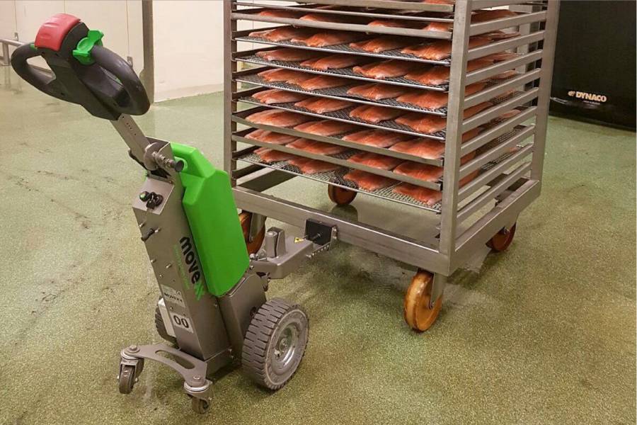 nerezový ručně vedený elektrický tahač movexx tt1000-t-inox, manipulace nerezového vozíku v potravinářském průmyslu